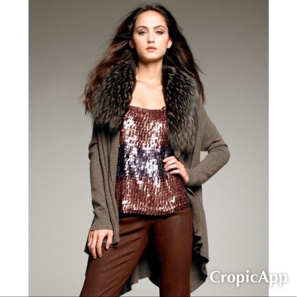 Alice + Olivia Brown Faux-Fur Collar Cardigan with Taupe Knit